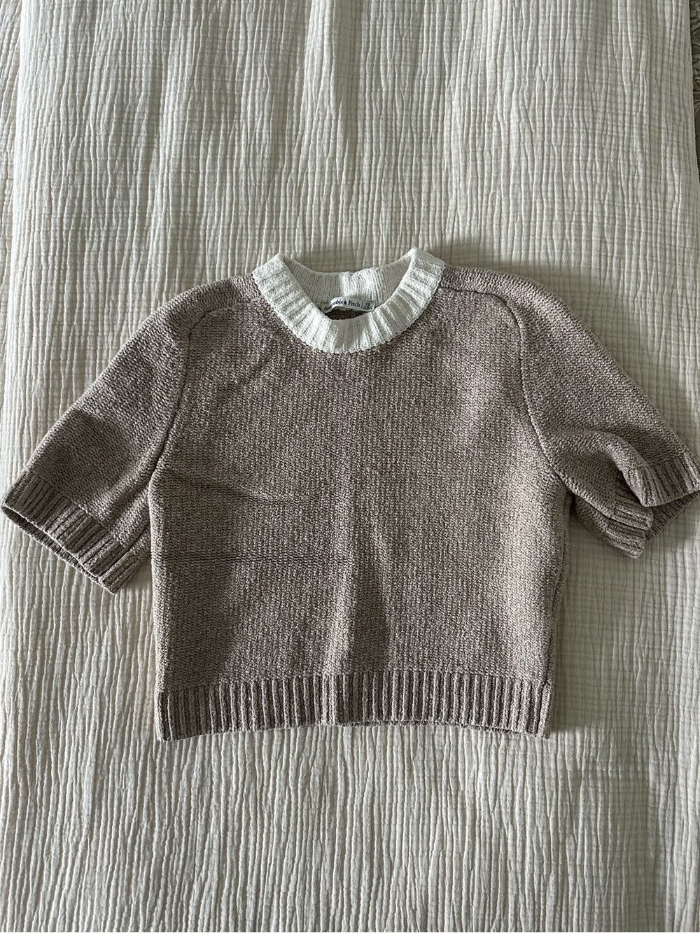 Abercrombie & Fitch Taupe Short-Sleeve Crewneck Sweater with White Trim